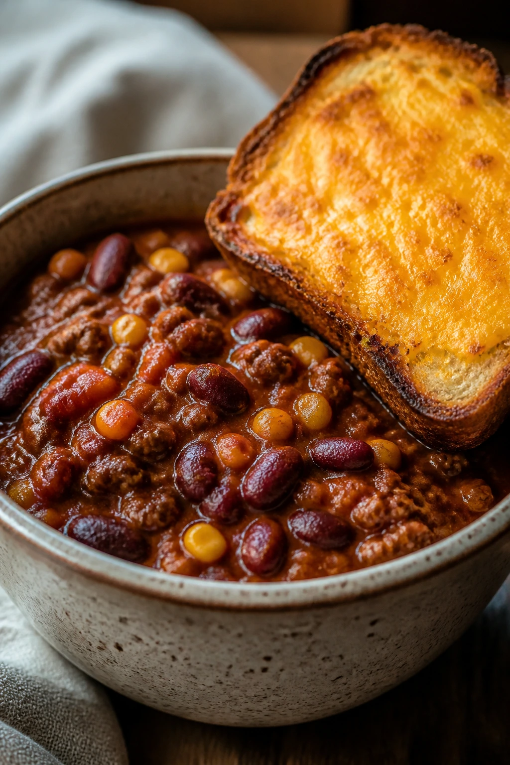 Close-up of chili with cheese toast on a rustic plate