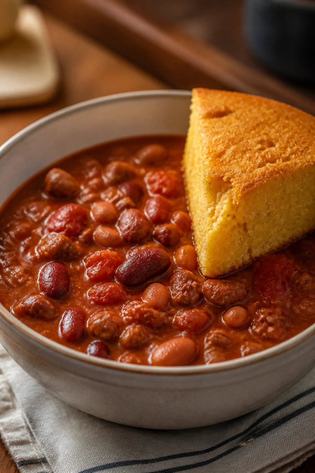 Bowl of mild chili with beans and a cornbread wedge