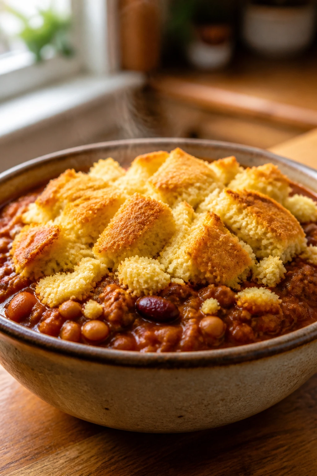 Close-up of Mild Chili with Cornbread Toppers in a rustic bowl on a warm kitchen counter