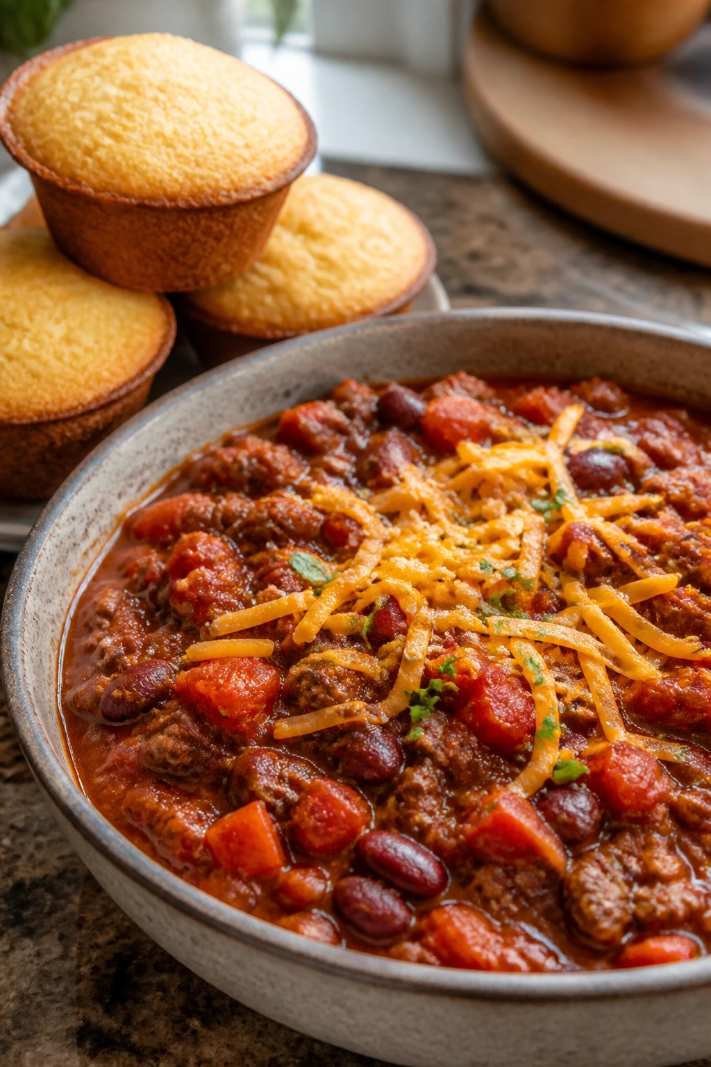 Bowl of mild chili with cornbread muffins beside it