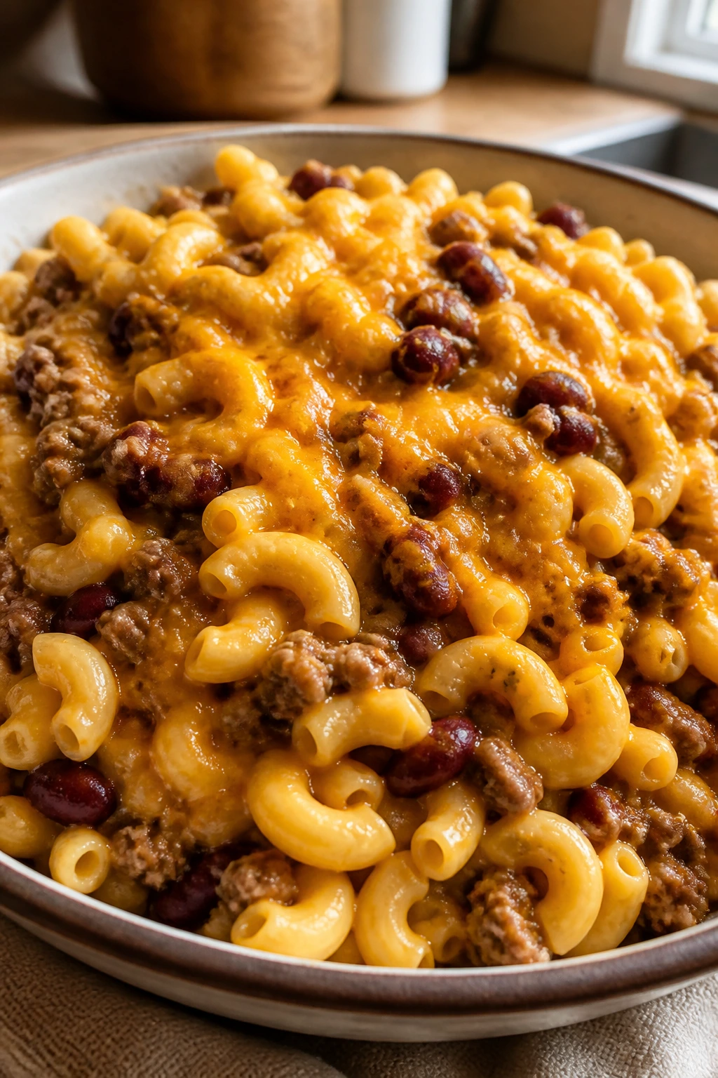 Bowl of mild chili mac with cheese and beef