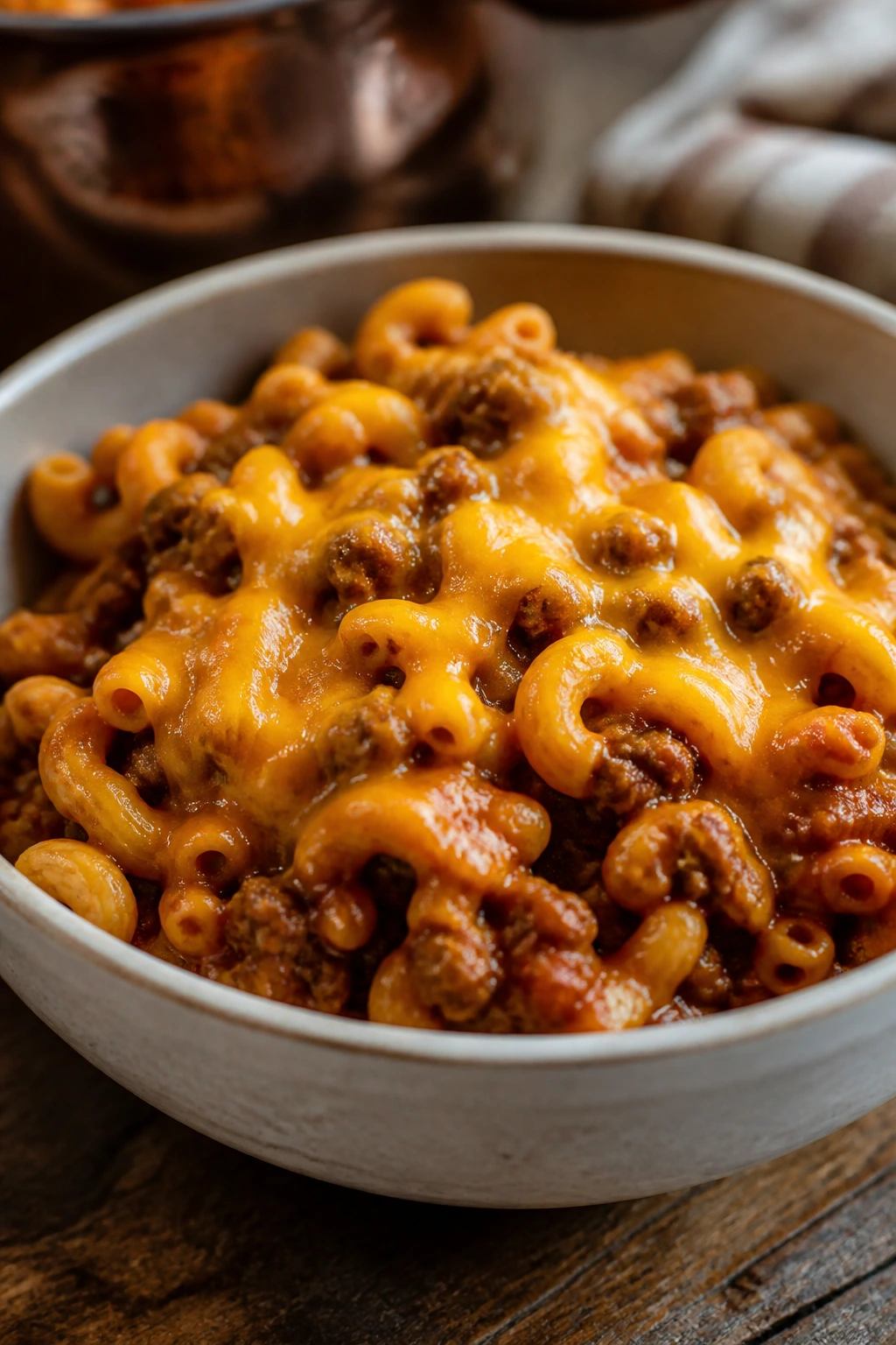 Bowl of mild chili mac with cheese and beef