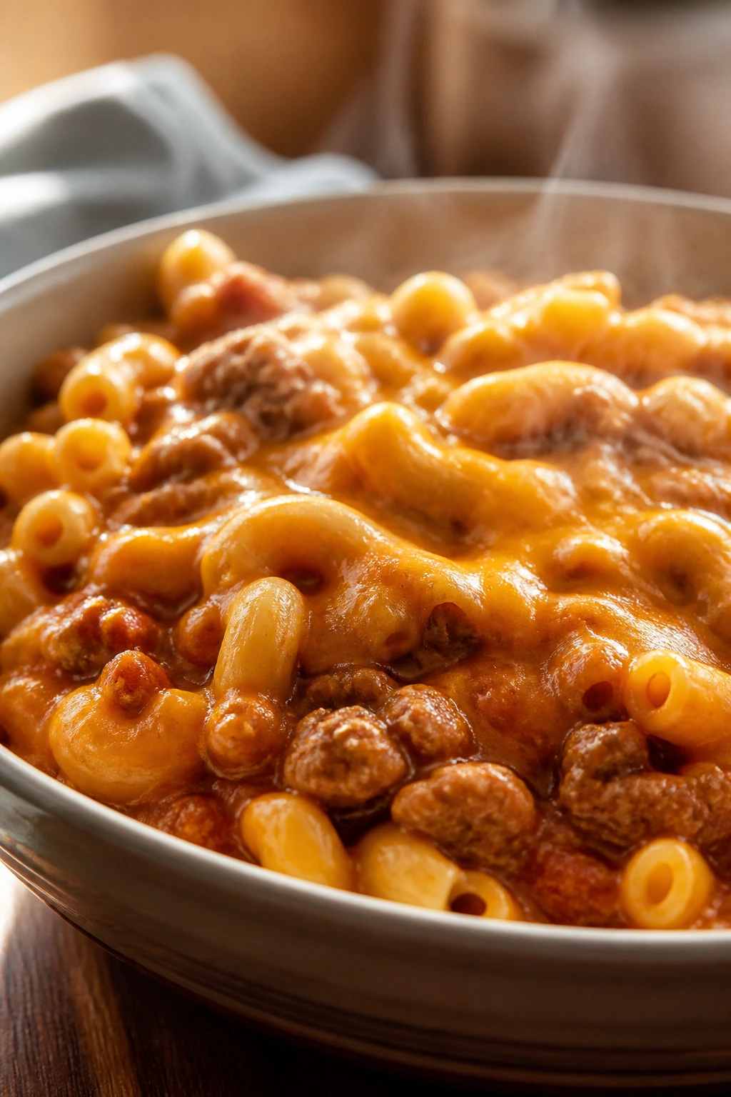Bowl of mild chili mac with cheddar cheese