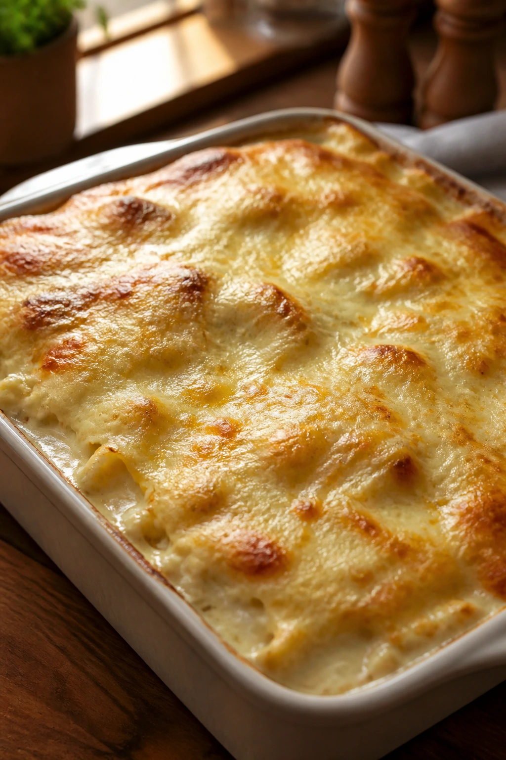 Golden cheesy casserole top with melted cheese