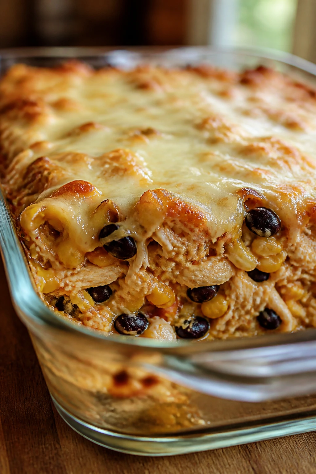 Close-up slice of mild chicken enchilada casserole with cheese and beans