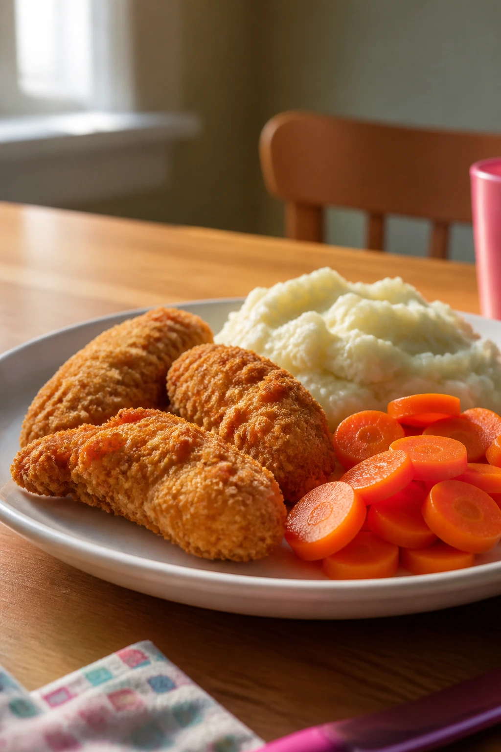 Close-up of a child’s plate with familiar foods like tenders, potatoes, and carrots