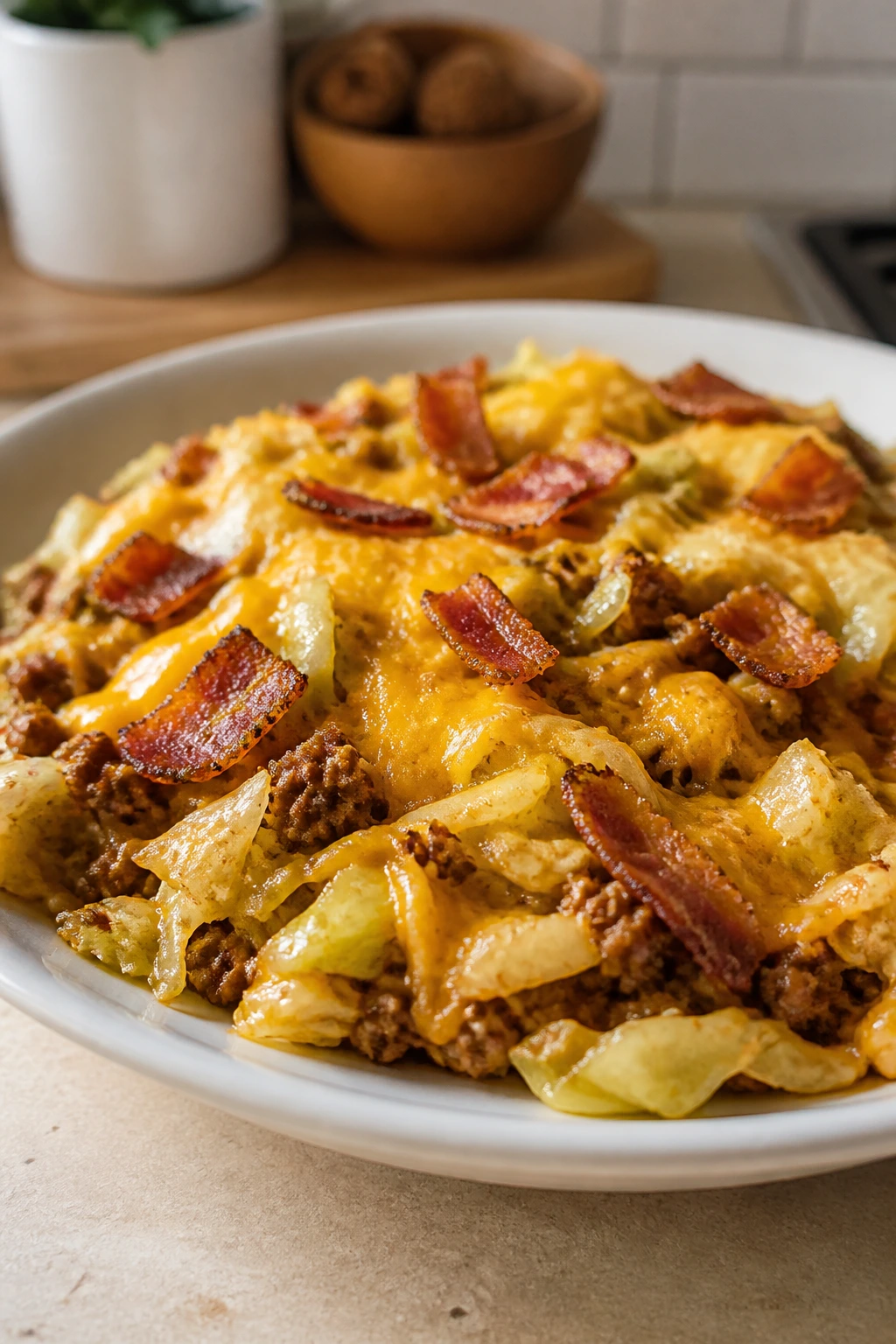 Close-up of a mild low-carb cheeseburger cabbage skillet on a plate in a kitchen