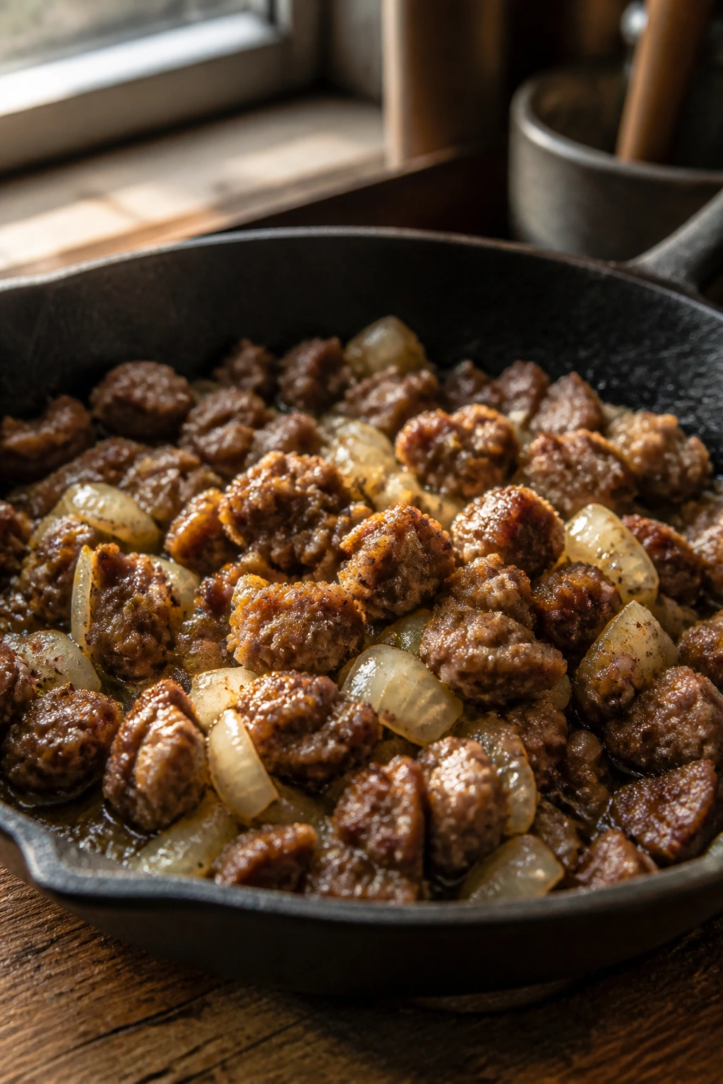 Close-up of browned mild sausage with onions simmering in a skillet in a cozy kitchen.