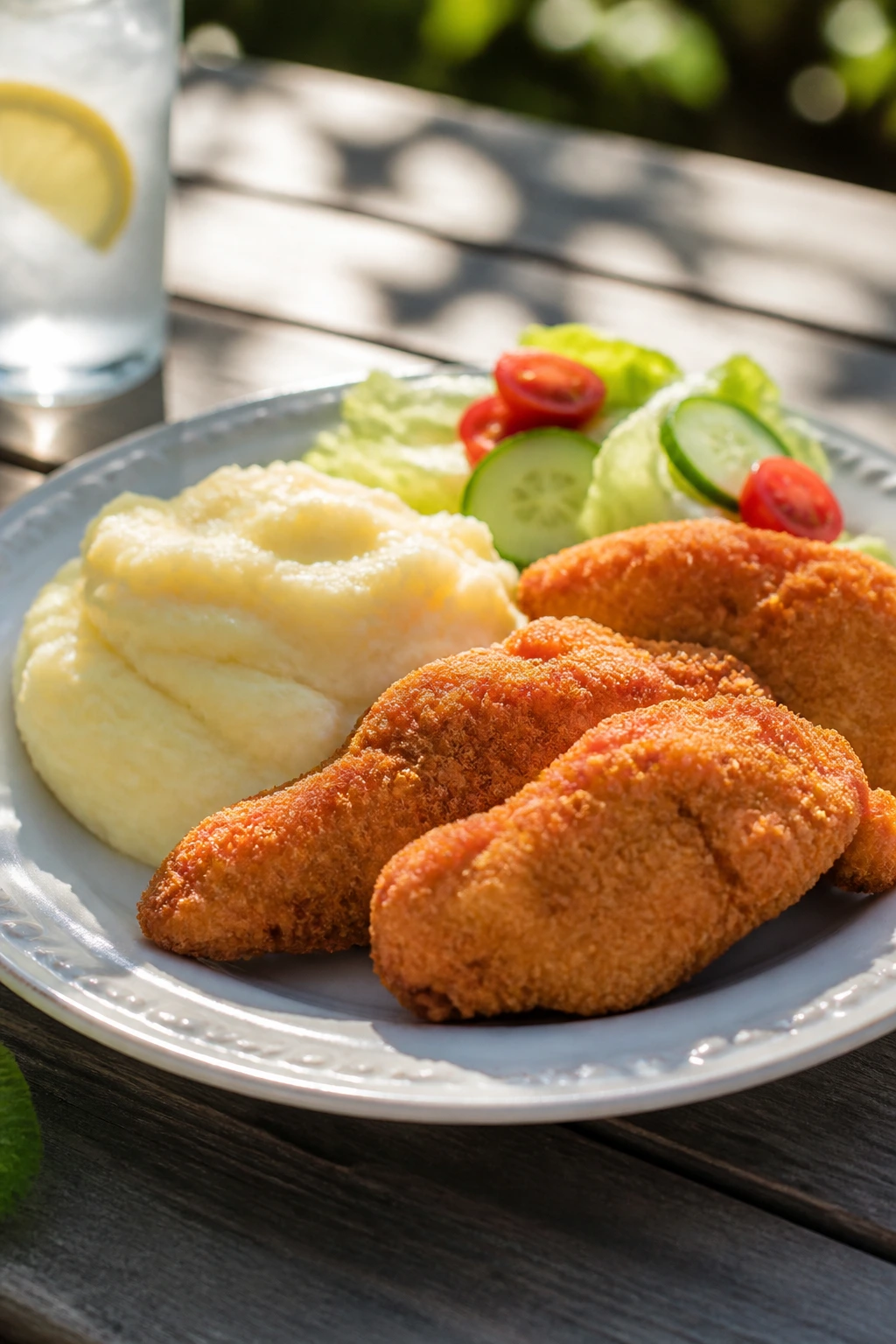 Plate of mild familiar summer dinner on sunny outdoor table