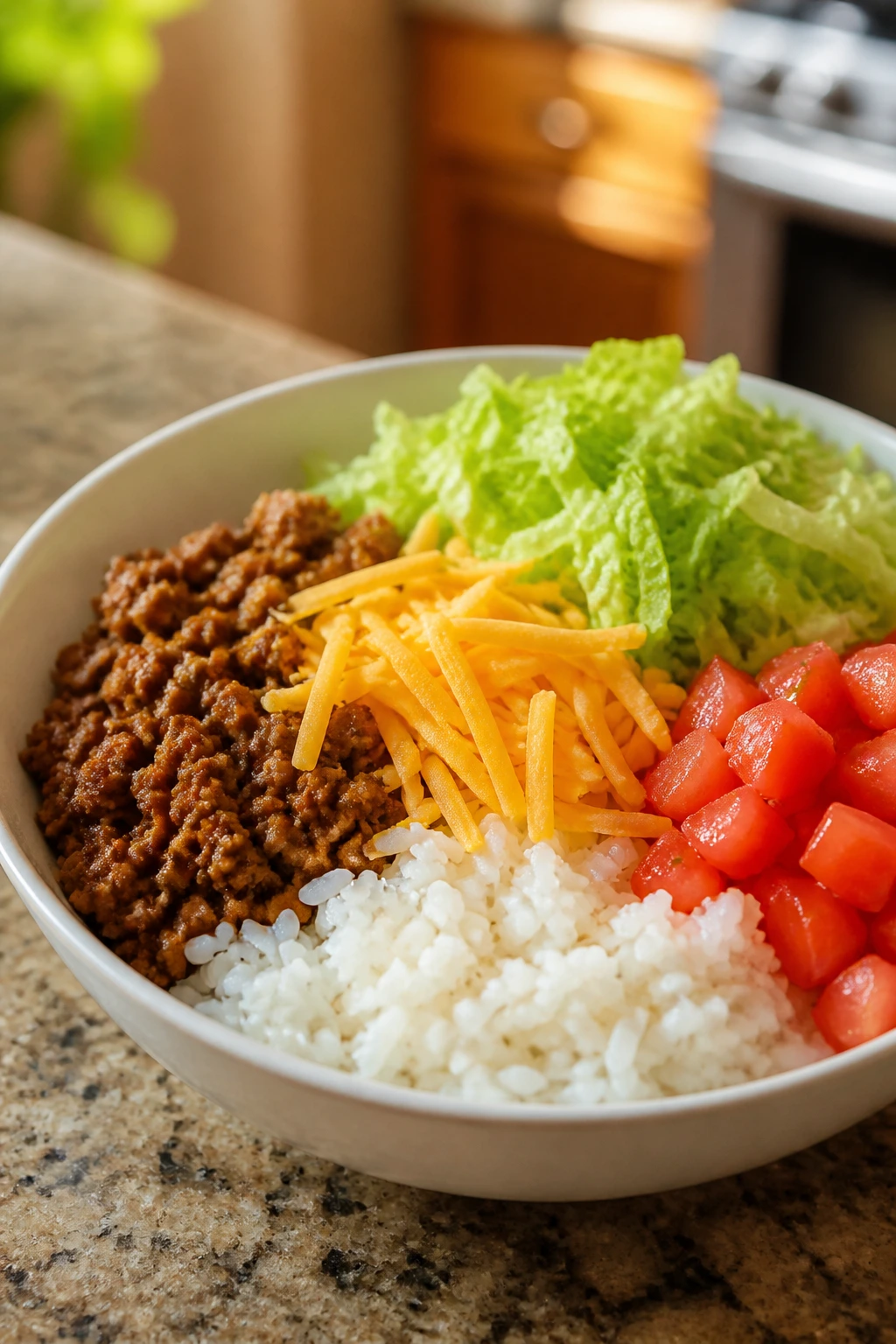 Mild taco bowls with separate ingredients in a bowl