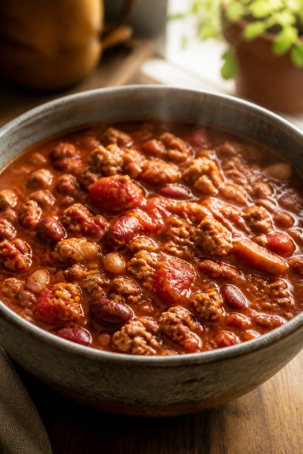Close-up of a steaming bowl of mild turkey chili in a rustic ceramic bowl