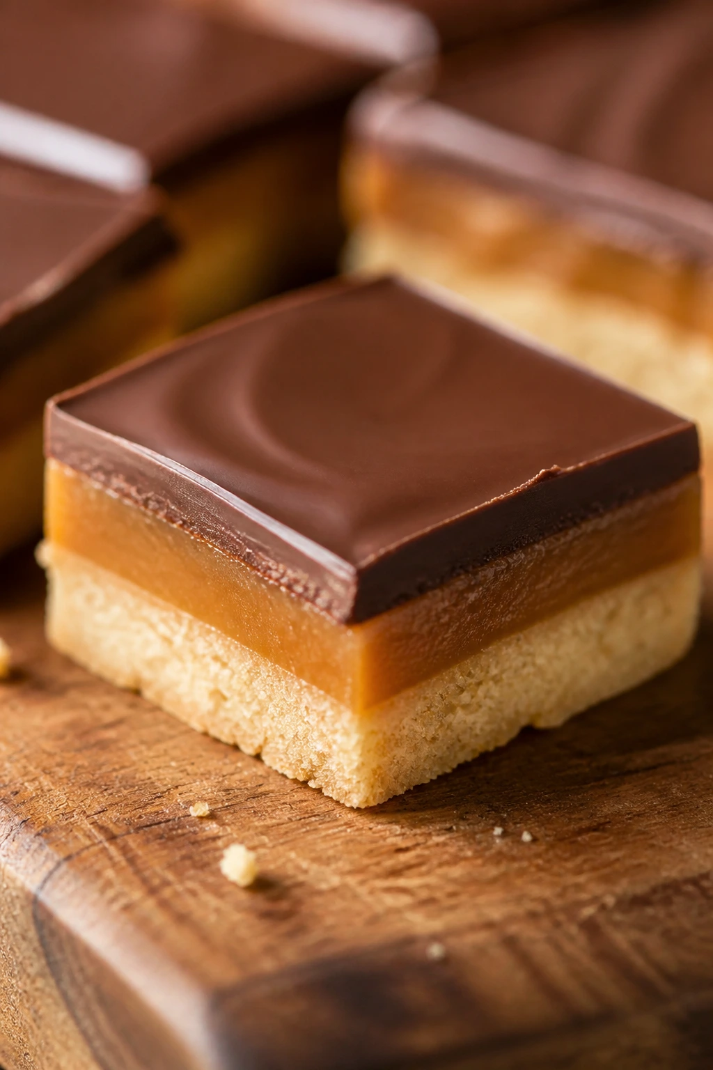 Close-up of millionaire shortbread square showing shortbread, caramel, and chocolate layers.
