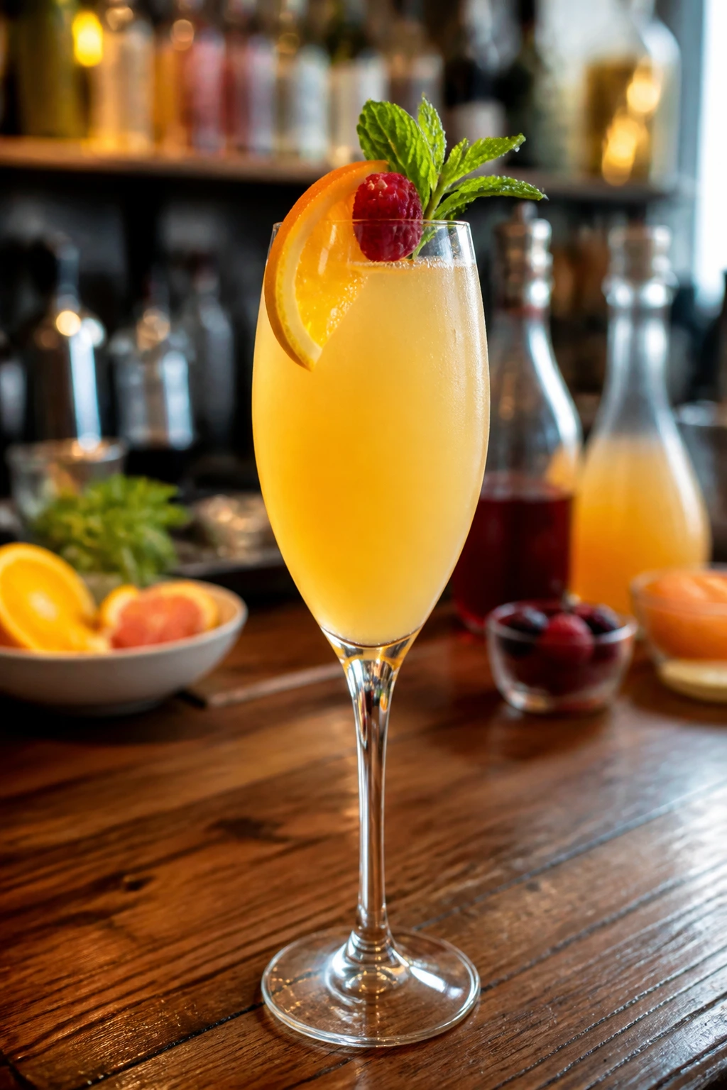 Elegant mimosa on a warm bar counter inviting perusal