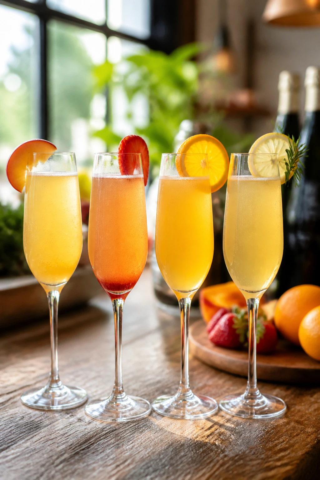 Close-up of four mimosas with fruit garnishes on a rustic bar