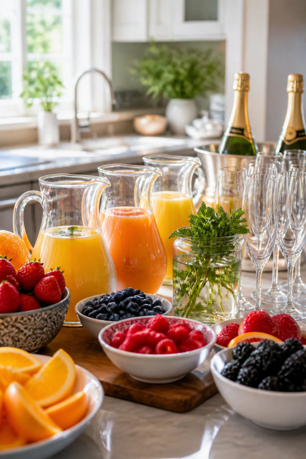 Close-up of a sunlit mimosa bar with separate juice bases and garnishes.