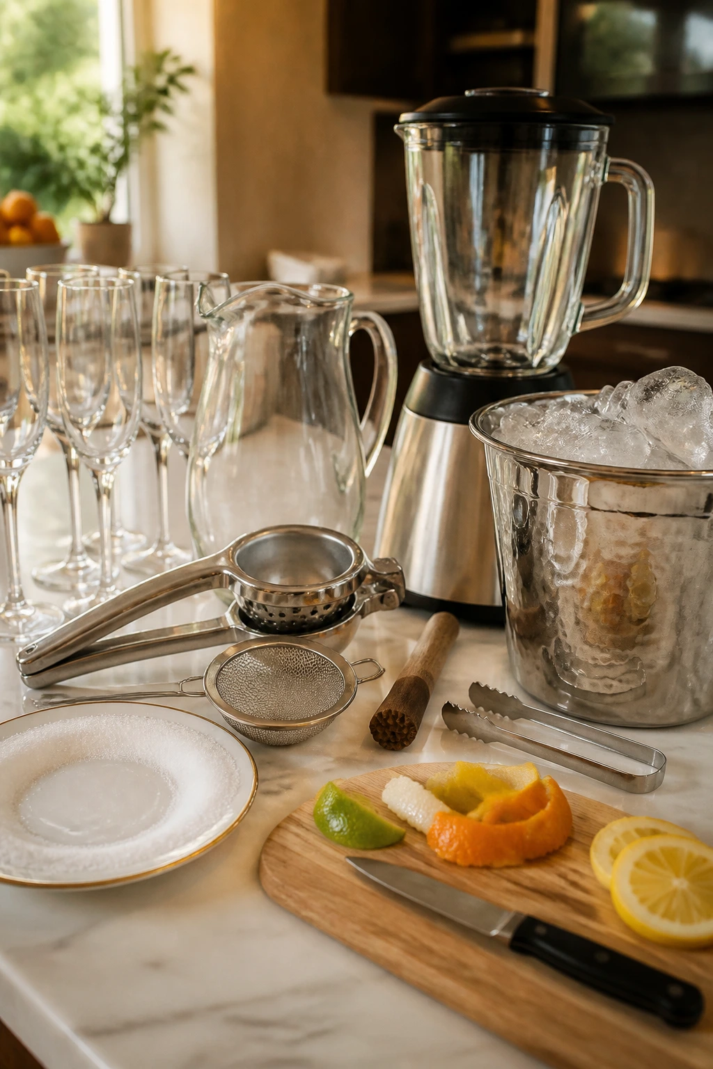Close-up of essential mimosa bar equipment on a kitchen counter.