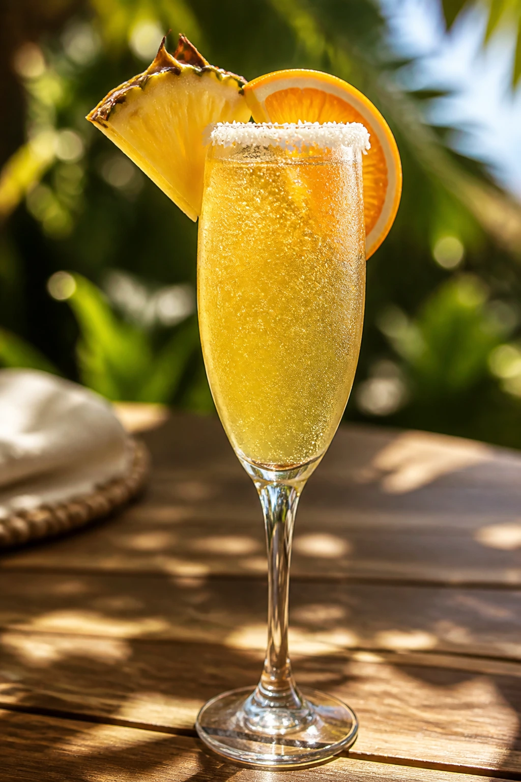 Close-up of a sparkling mimosa with Malibu on a sunlit brunch table