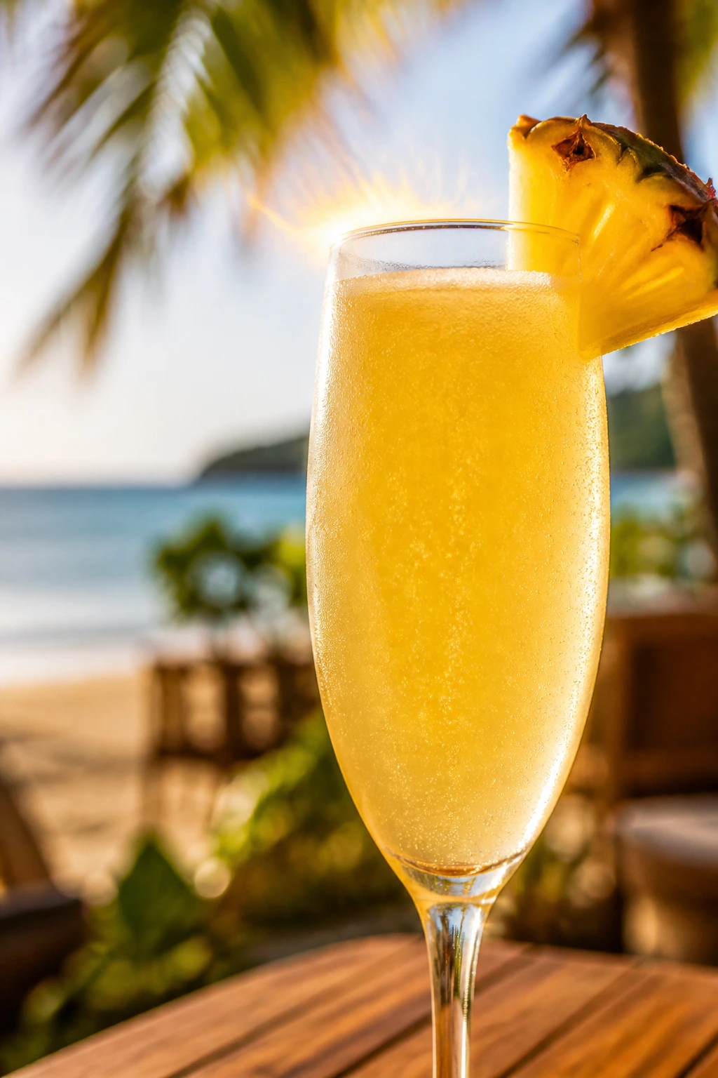 Close-up of a tropical mimosa with Malibu on a sunlit beach setting
