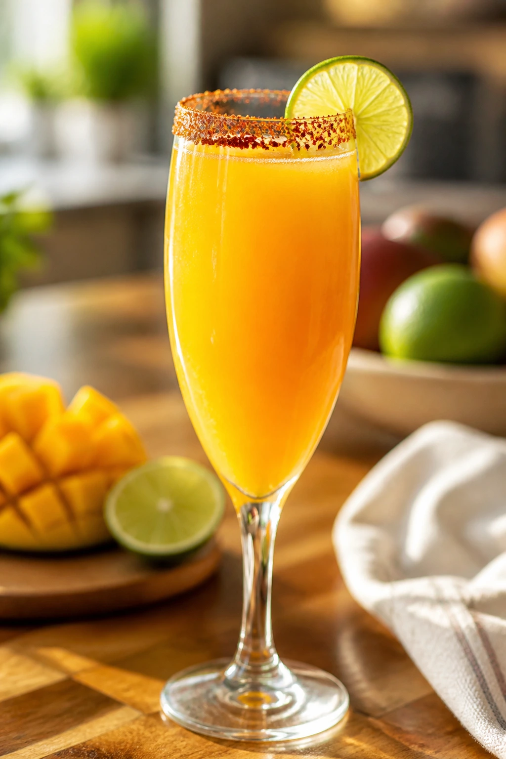 Close-up of Mango Chili-Lime Mimosa in flute with lime wedge and chili-lime salt rim