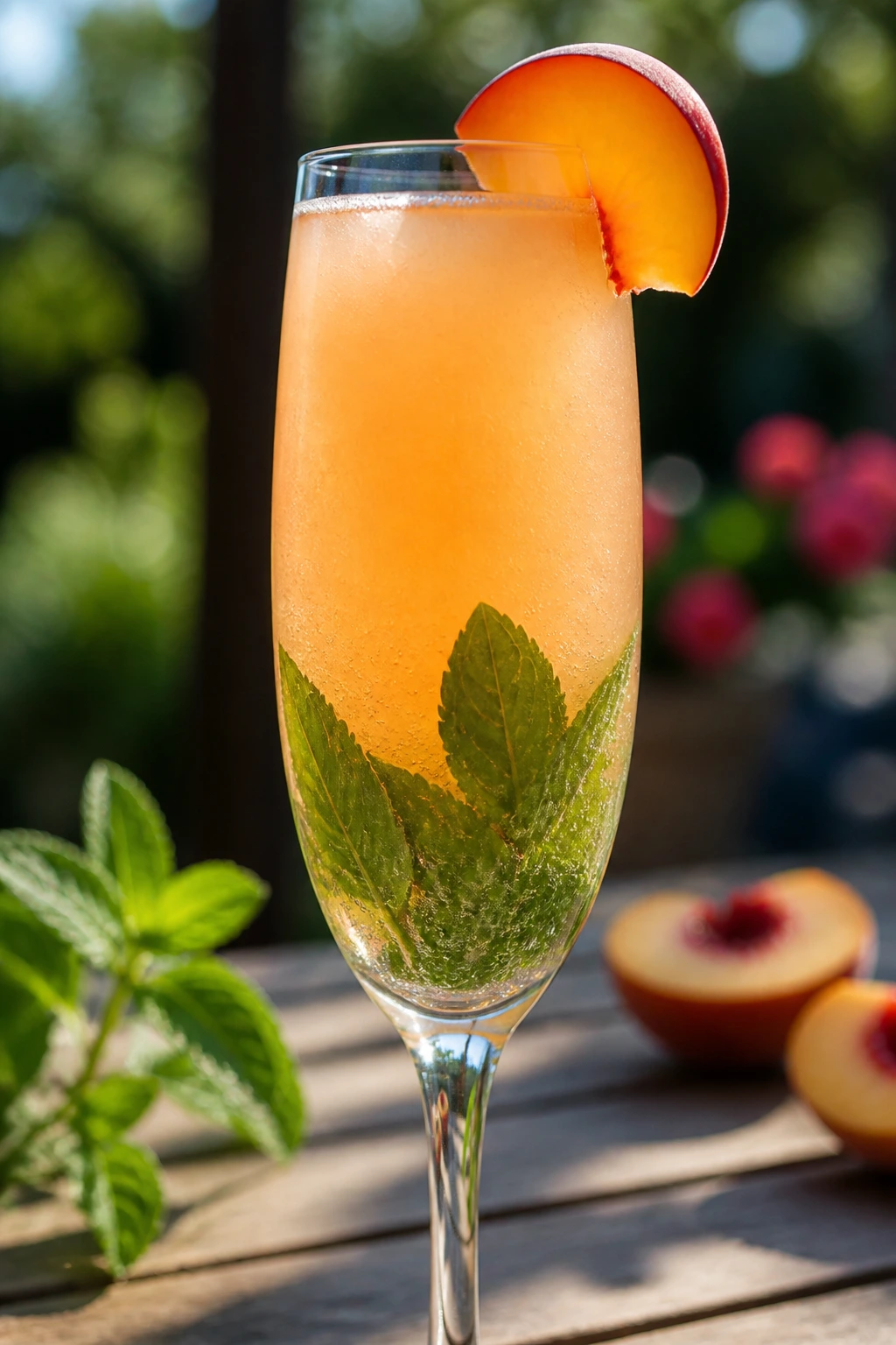 Close-up of Nectarine Mint Mimosa with mint garnish and nectarine slice