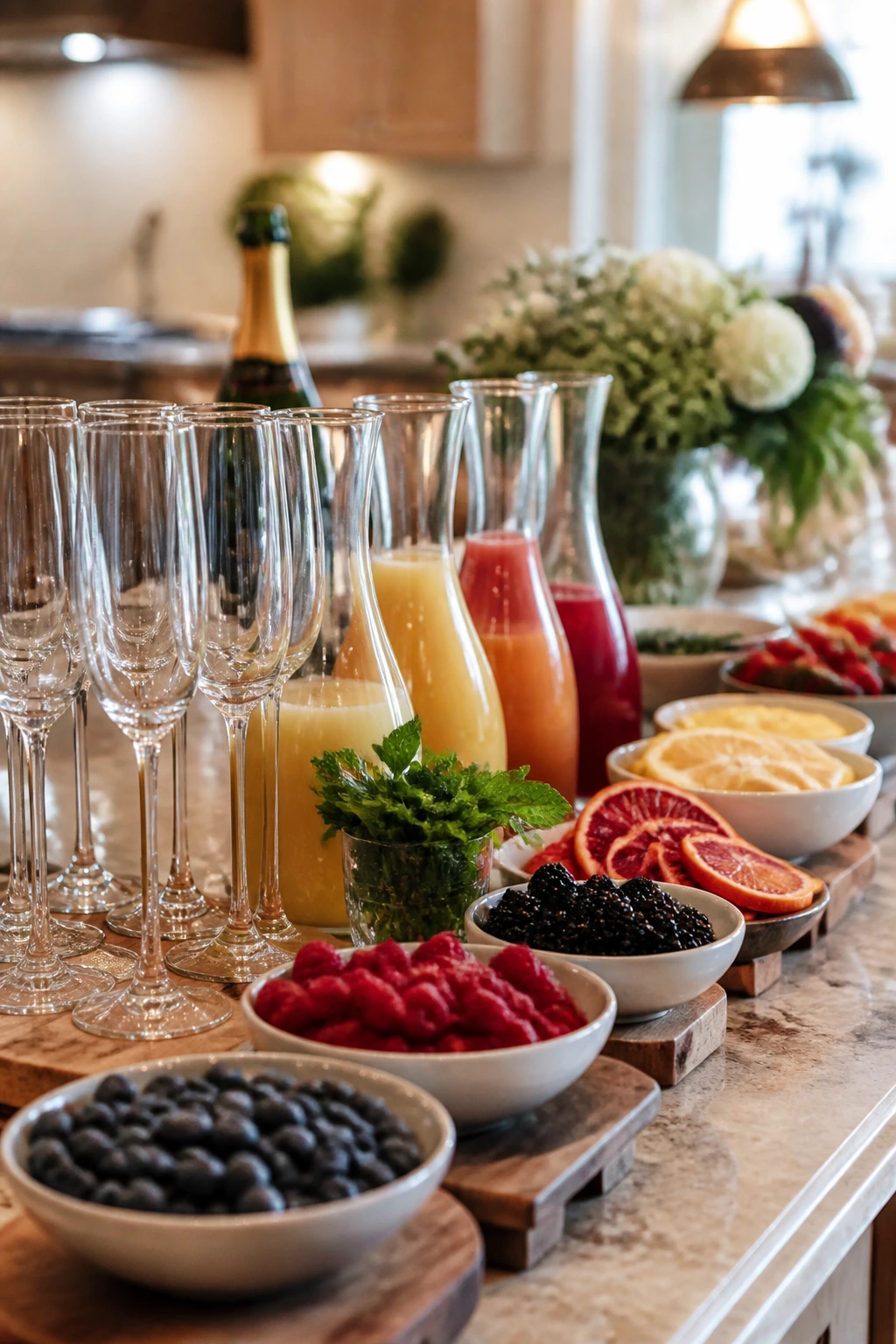 Serving station with flutes, juice bases, and fruit bowls for mimosas.
