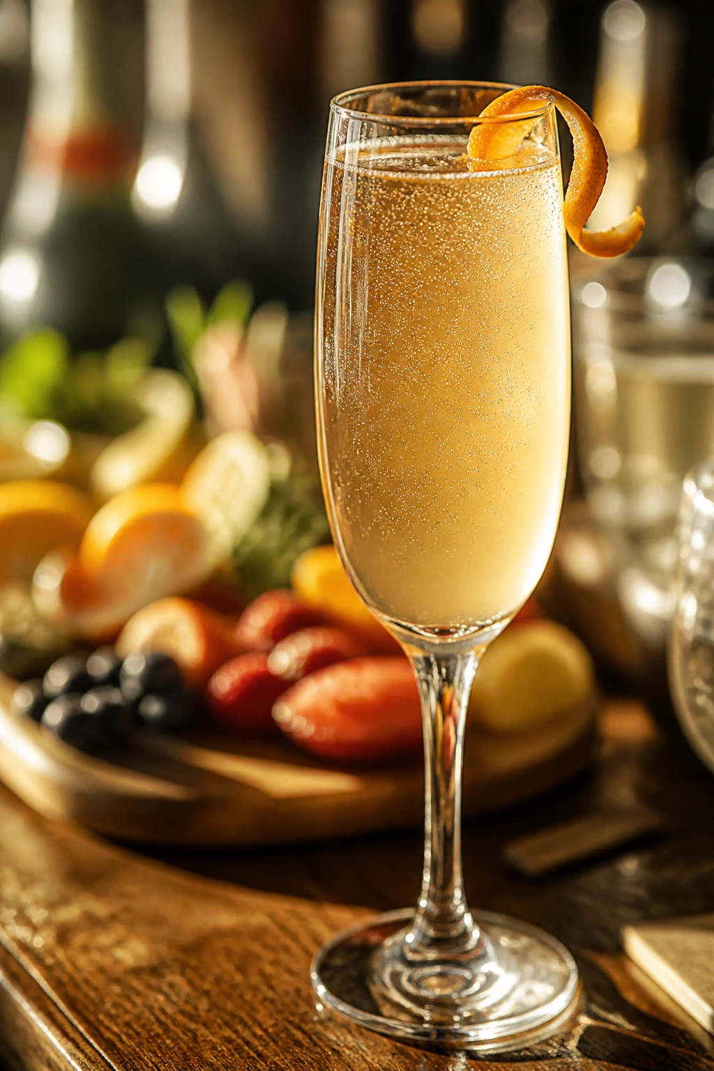 Close-up of a single flute of zero-proof mimosa against a warm bar backdrop with a garnish board
