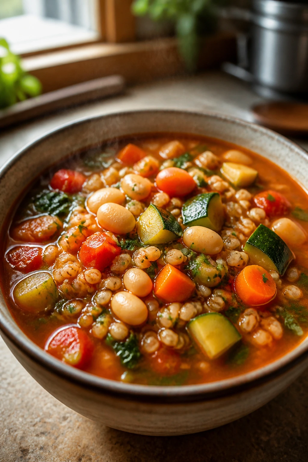 Close-up of chunky minestrone with beans and farro in a bowl on a wooden table