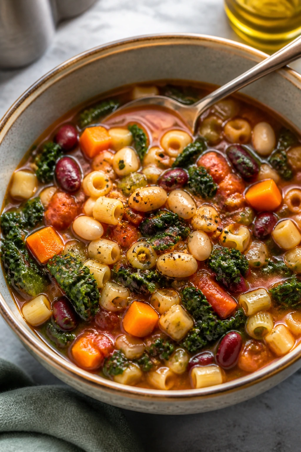 Steaming minestrone bowl with beans and greens