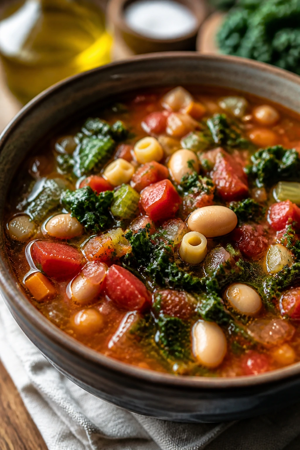 Close-up of minestrone soup with beans and kale in a bowl
