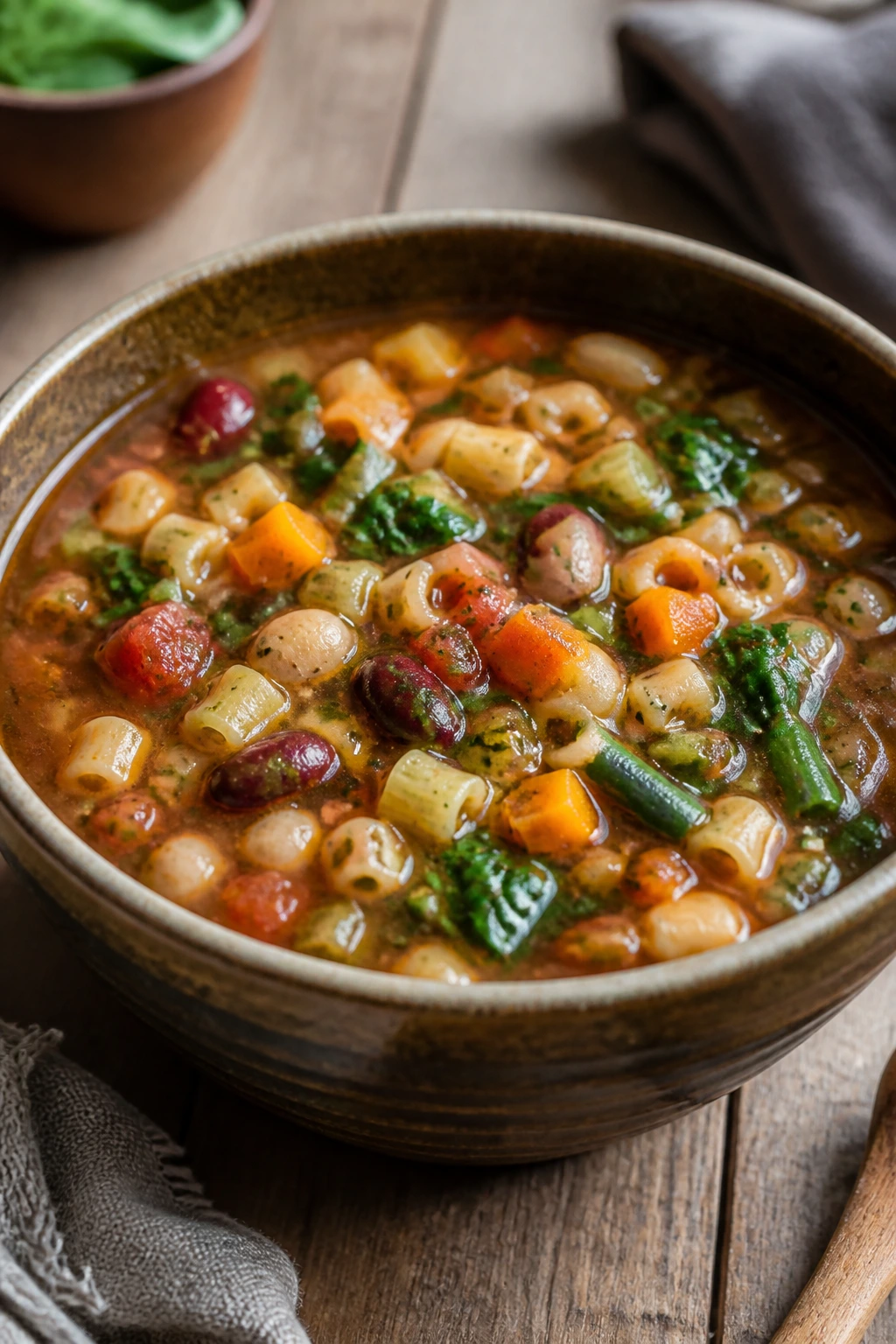 Close-up of minestrone soup with beans and small pasta in a rustic bowl