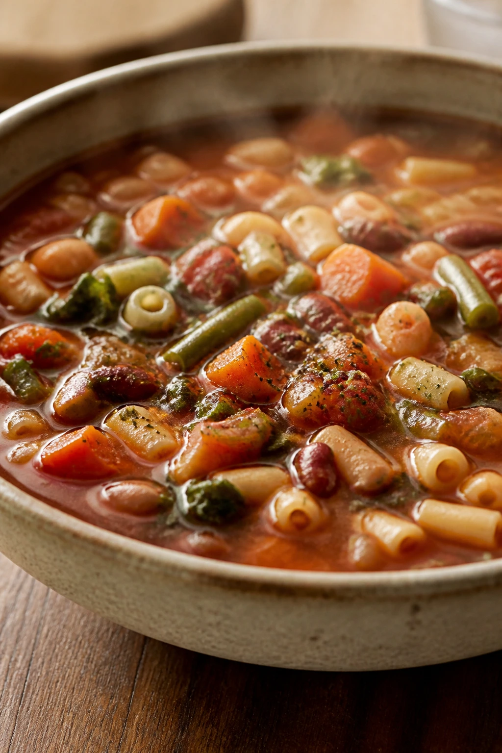 Bowl of minestrone with beans and pasta in a rustic setting