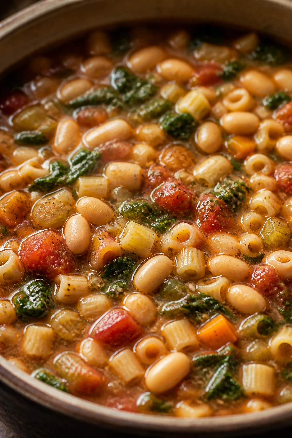 Hearty minestrone soup with pasta and beans in a bowl