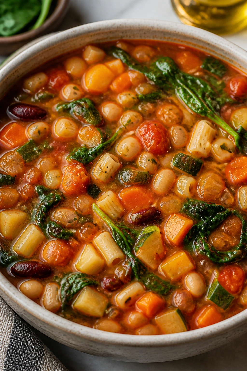 Hearty minestrone soup with beans pasta vegetables