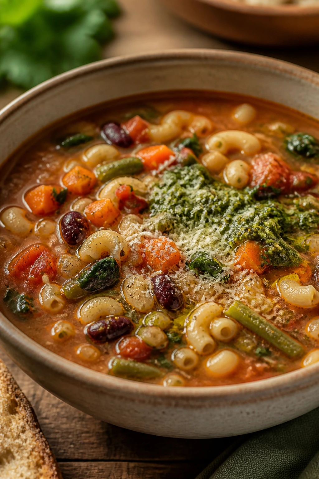 Steaming minestrone soup with beans and pasta in a rustic bowl