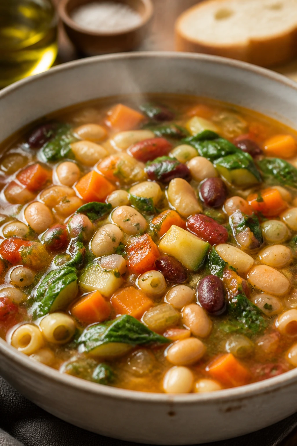 Close-up of Vegetable Minestrone with Beans in a rustic kitchen