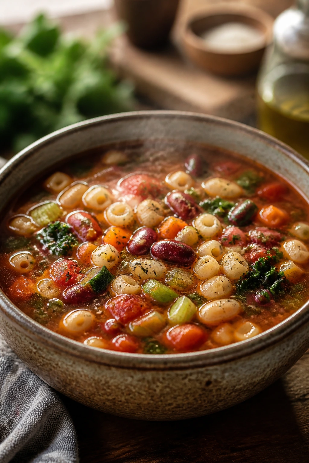 Hearty minestrone with beans in a rustic bowl