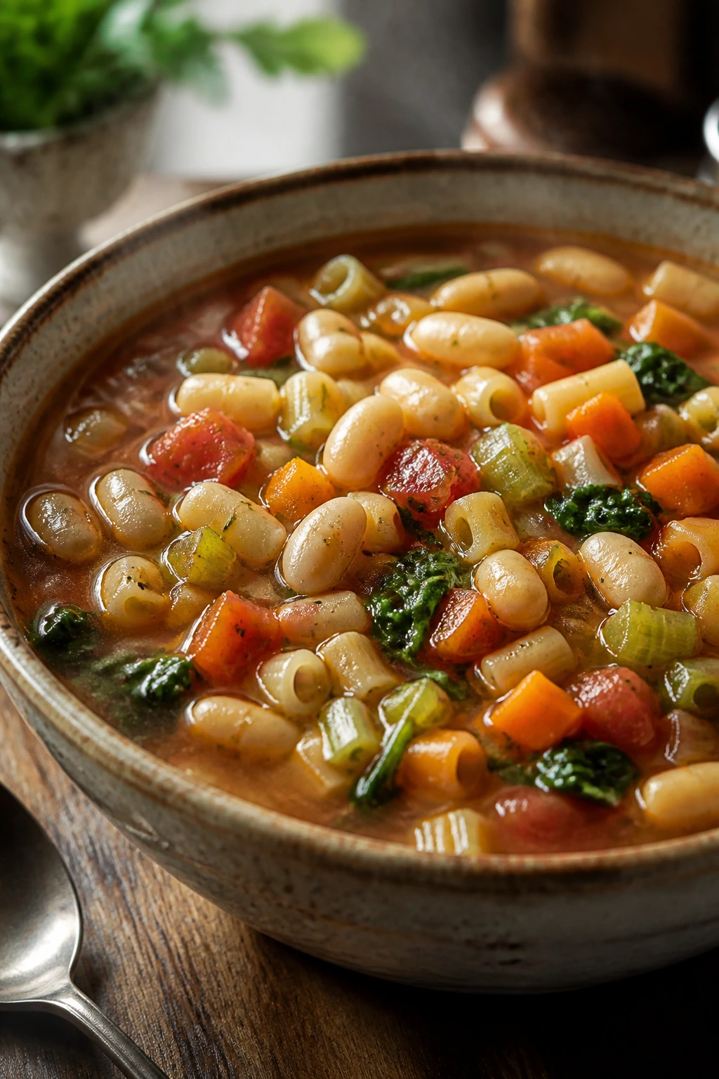 Close-up of minestrone with cannellini beans in a rustic bowl on a wooden table