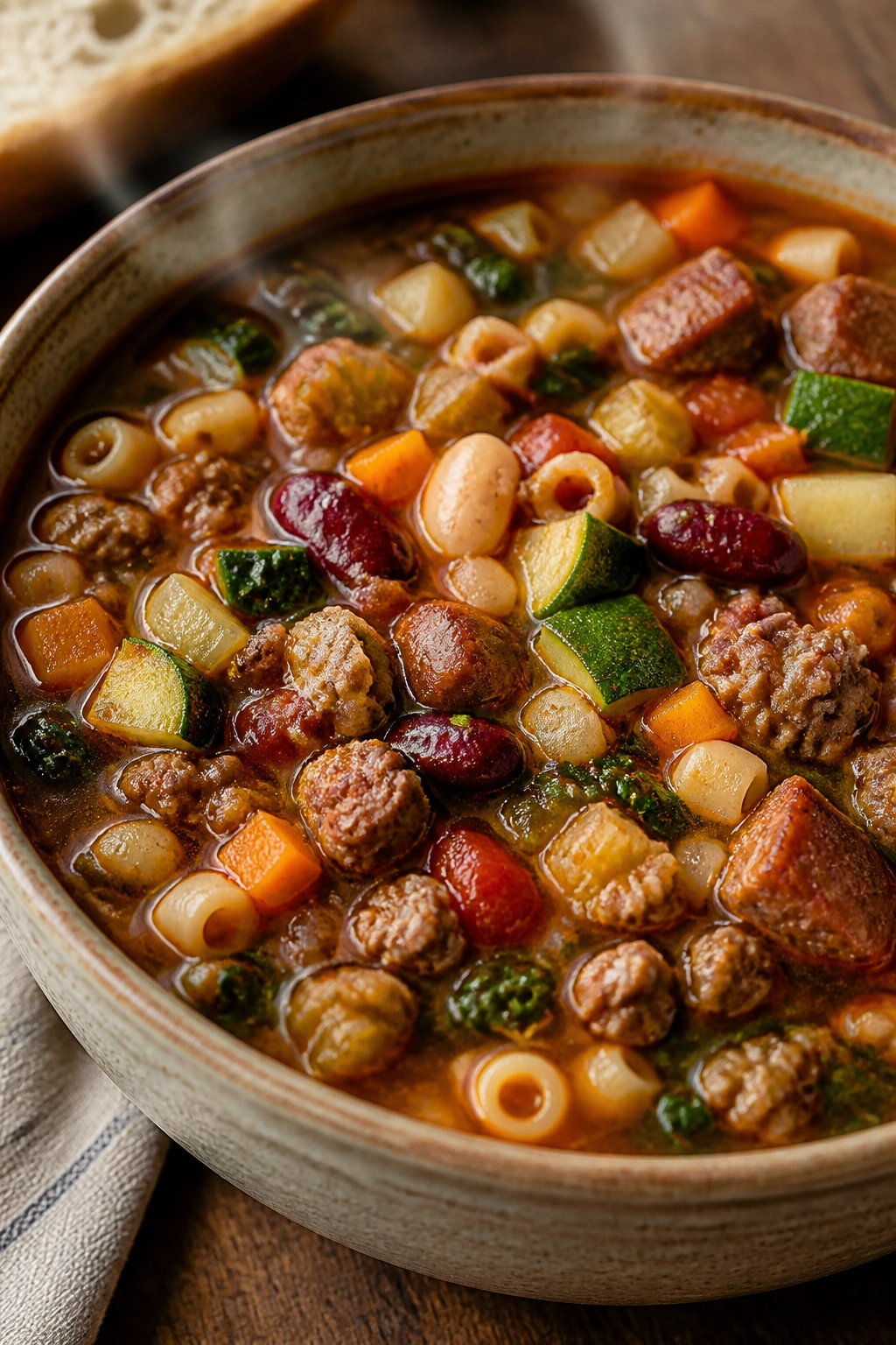 Steaming bowl of beef-sausage minestrone with vegetables