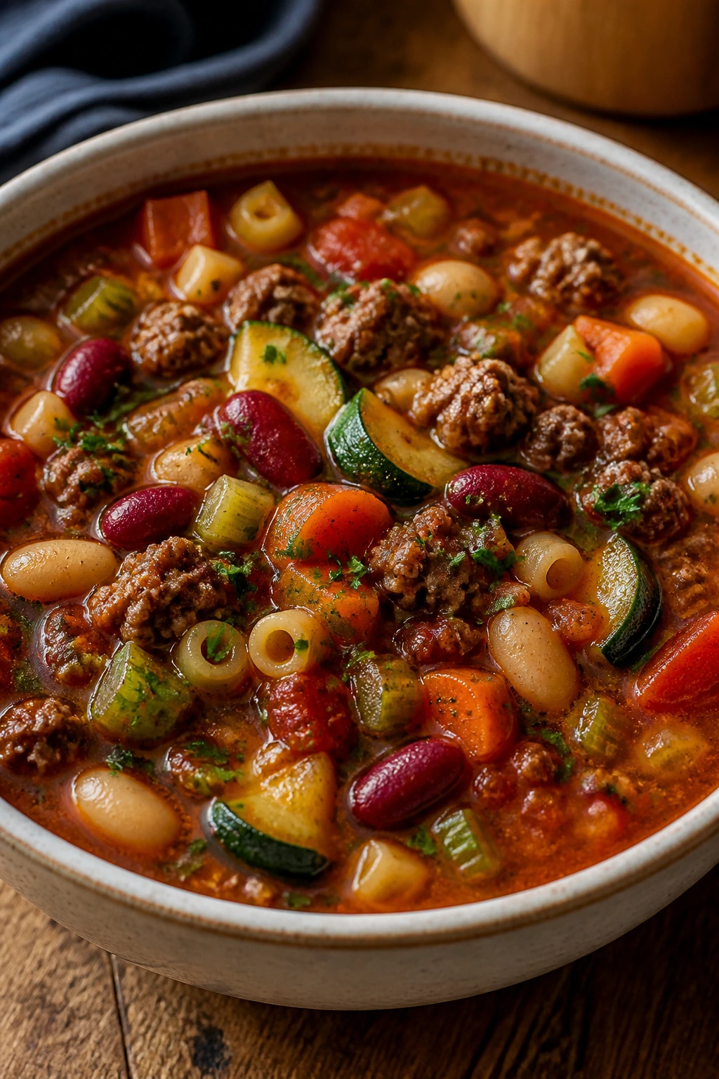 Close-up of minestrone soup with ground beef and vegetables in a bowl