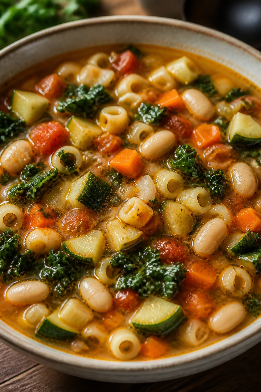Close-up of minestrone with cannellini beans in a rustic kitchen