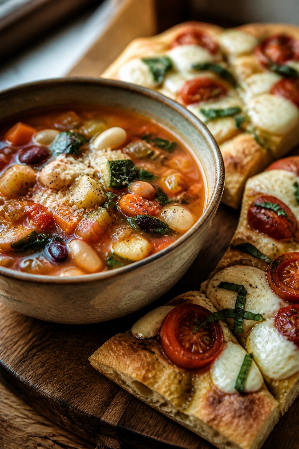 Minestrone soup with caprese focaccia on a wooden board