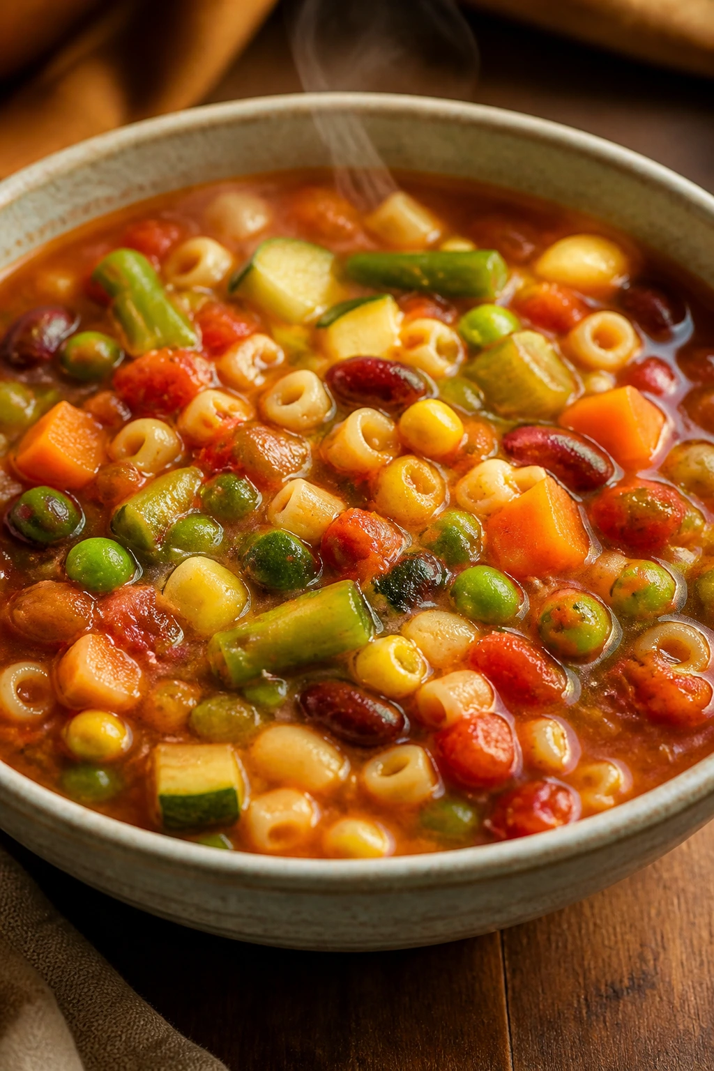 Close-up of hearty Minestrone soup with frozen vegetables