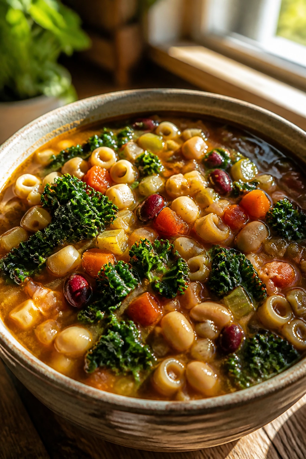 Close-up of minestrone with beans and kale in a bowl