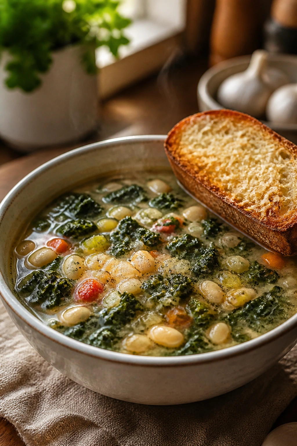 Steaming white bean and kale minestrone in a bowl with parmesan toast on a wooden table