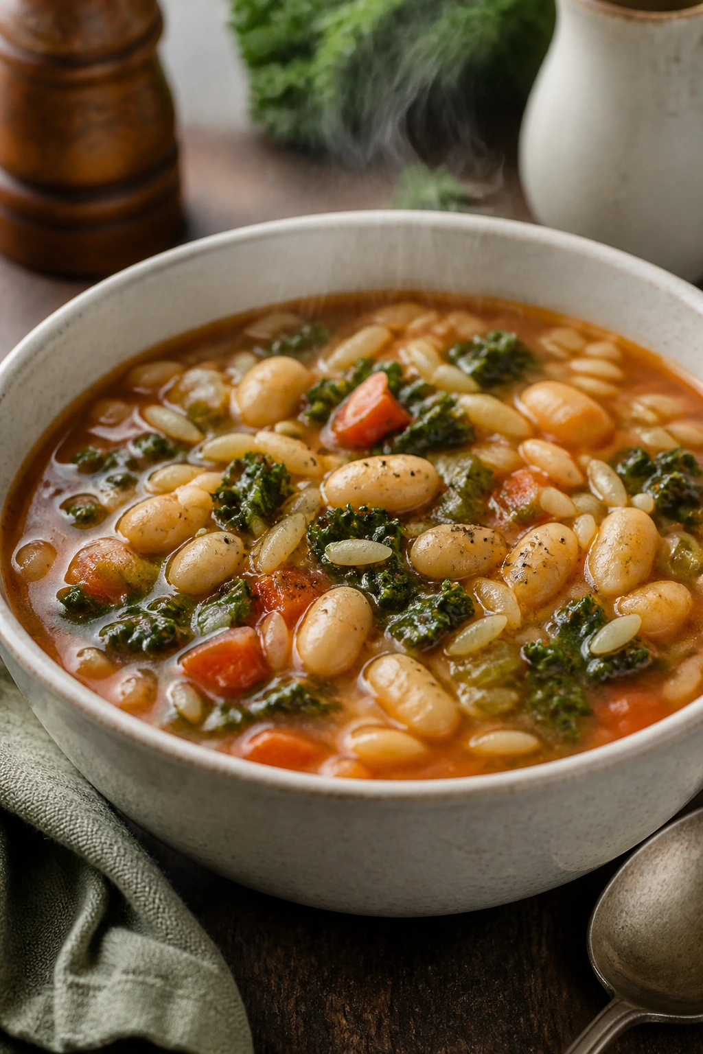 Steaming bowl of minestrone orzo soup on a rustic table