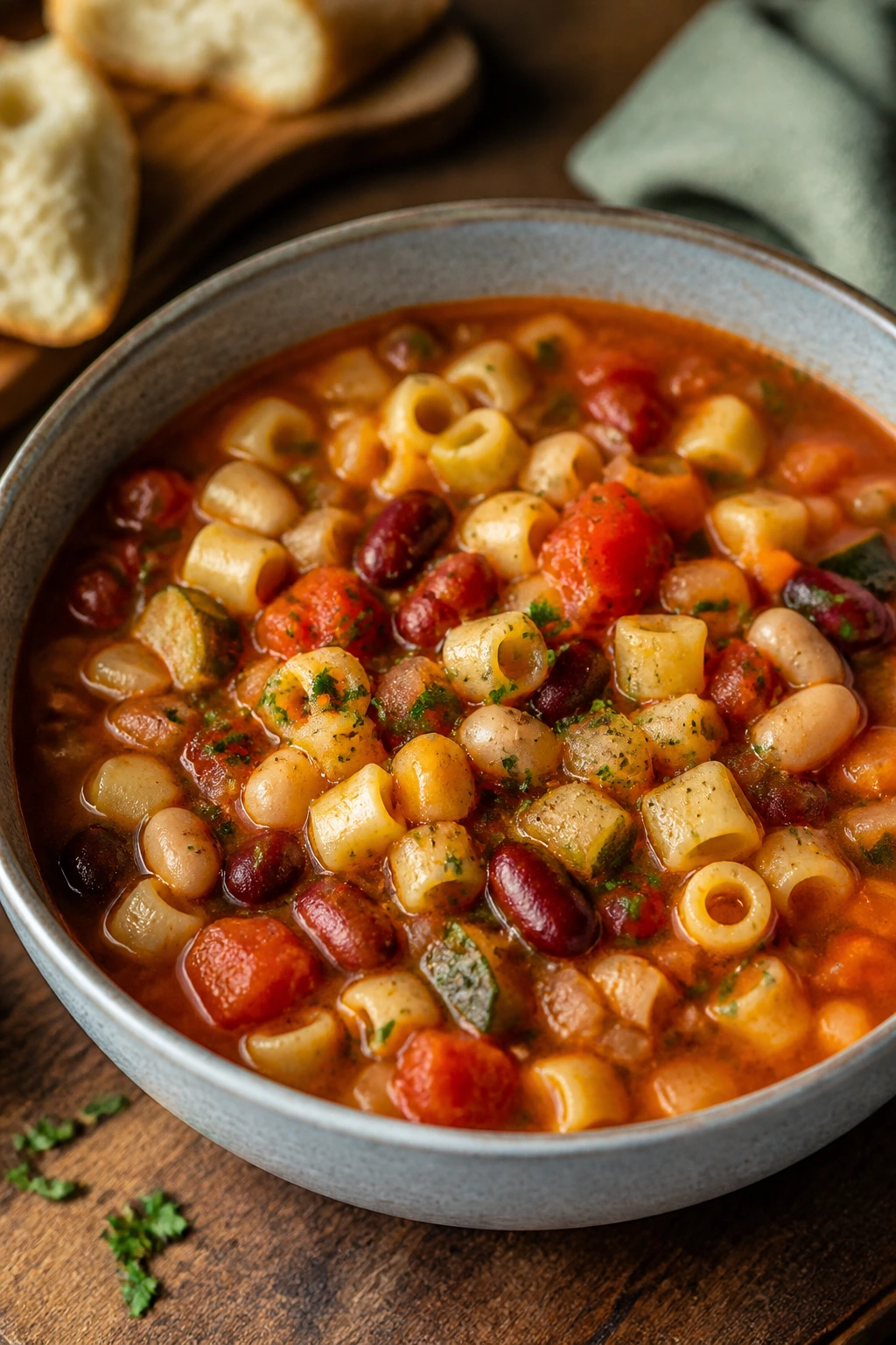 Hearty pantry minestrone in a bowl on a rustic kitchen table.