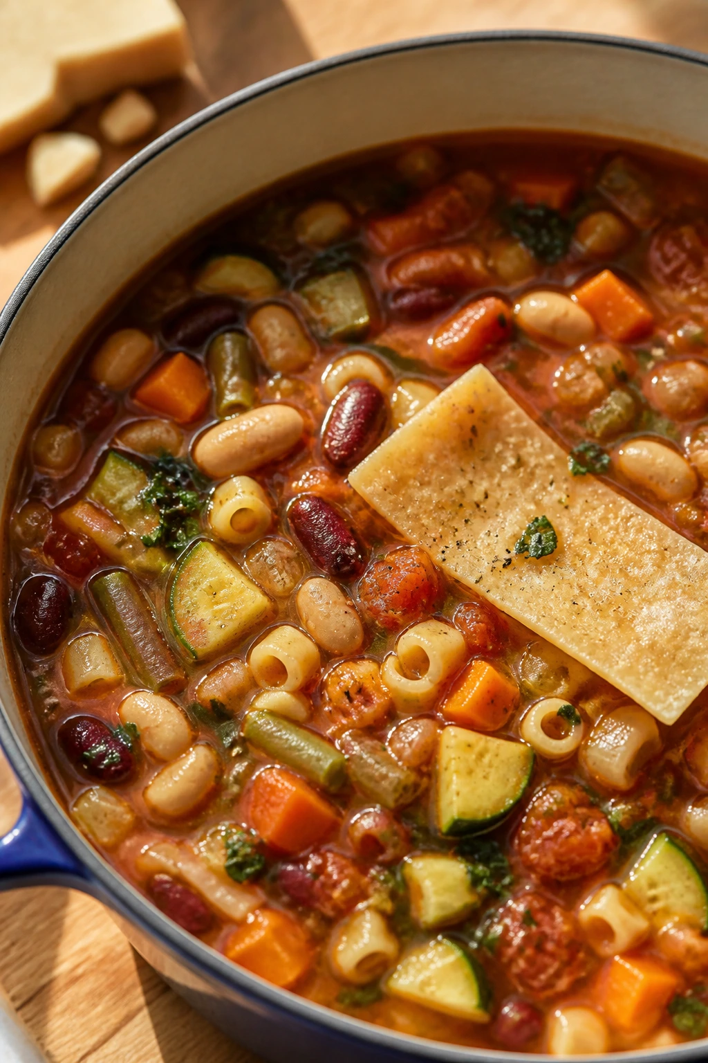 Chunky minestrone with parmesan rind in a bright kitchen bowl