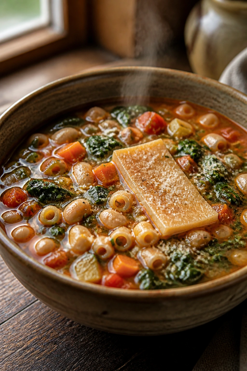 Close-up of Minestrone with Parmesan Rind in a rustic bowl on a wooden table