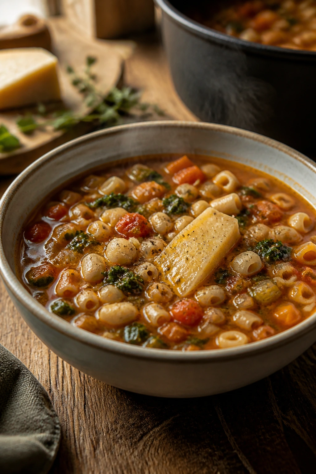 Close up of steaming minestrone in a rustic bowl with parmesan rind in broth