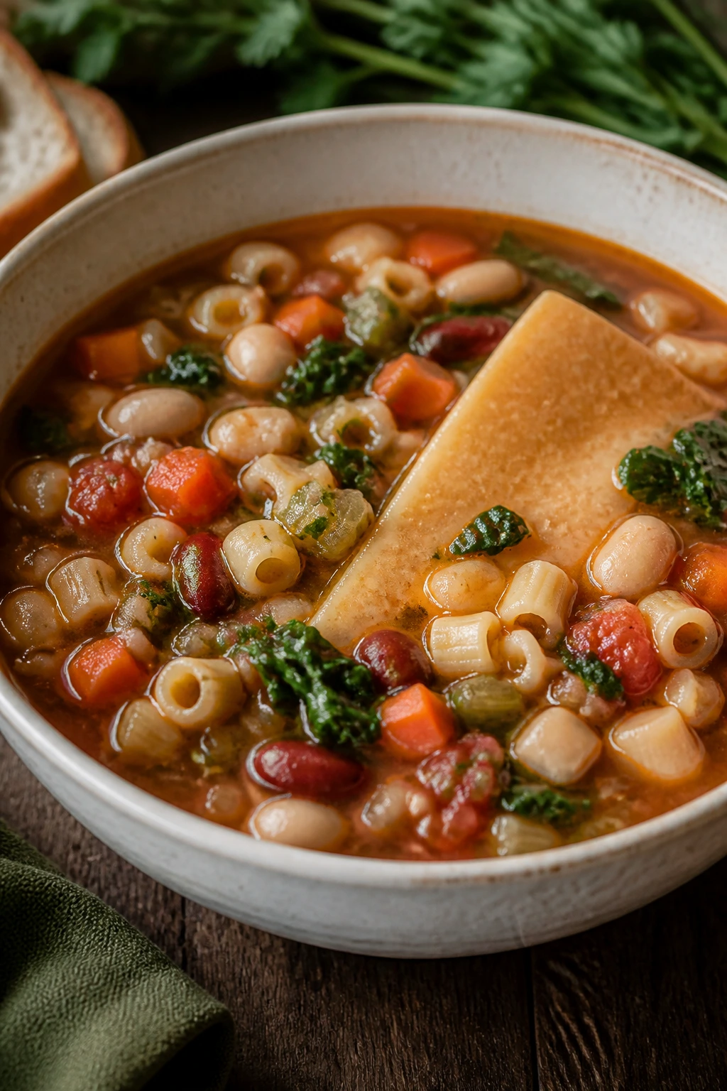Close-up of minestrone with parmesan rind in broth